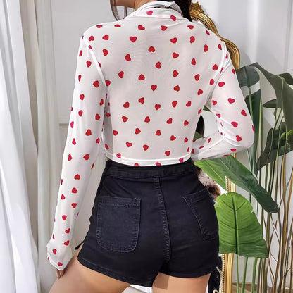 Elegant Mesh Floral Print Heart Round Neck Long Sleeve T-shirt