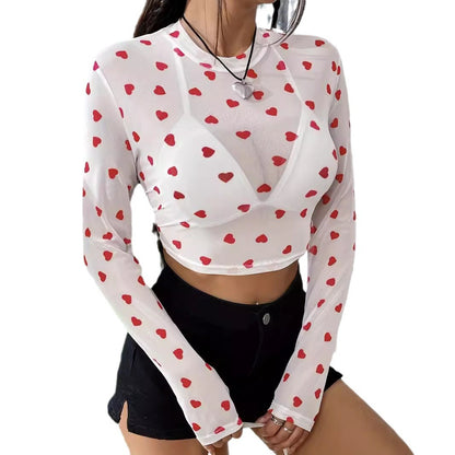 Elegant Mesh Floral Print Heart Round Neck Long Sleeve T-shirt