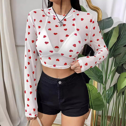 Elegant Mesh Floral Print Heart Round Neck Long Sleeve T-shirt